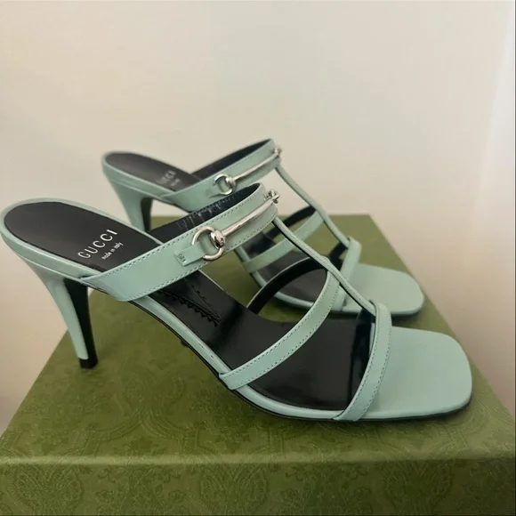 GUCCI Regent Calfskin Horsebit Mid Heel Sandals 36.5 Pacific Green - Picture 2 of 7